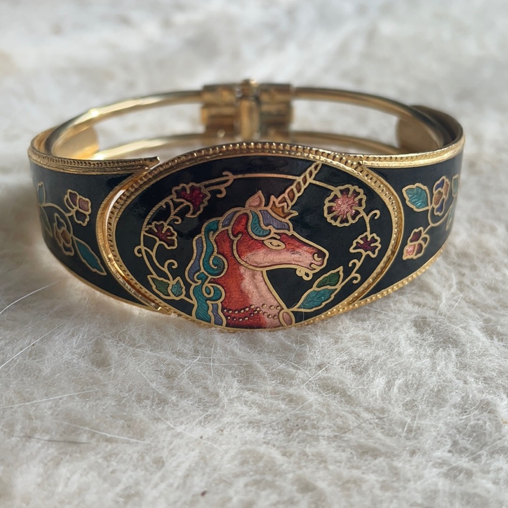 Vintage Cloisonné  Unicorn Flowers Enamel Gold Tone Clamp Bangle Bracelet